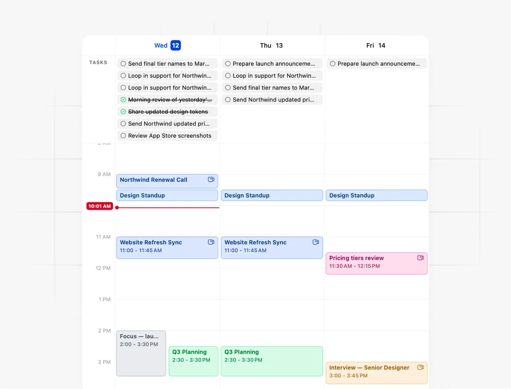 Handled's week calendar: tasks pinned above each day, meetings on the grid, and a now-line at the current time