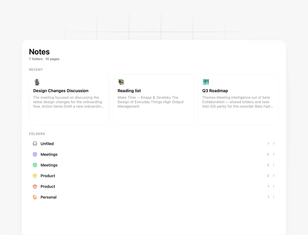 Handled's Notes: recent meeting notes with their summaries, and the folders they file into