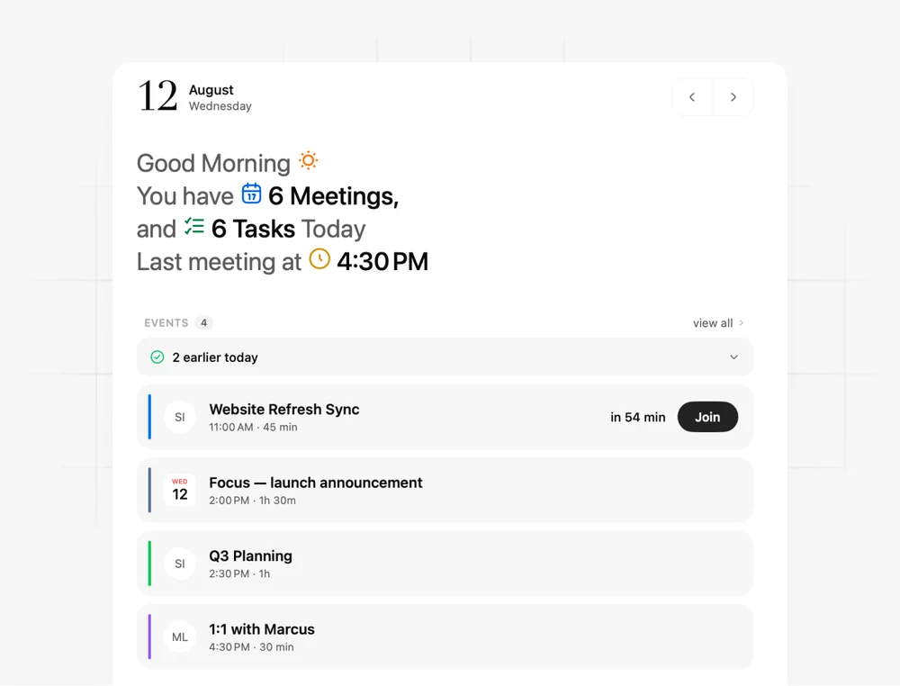 Handled's Today screen: the morning greeting and the day's meetings, with a Join button on the next one